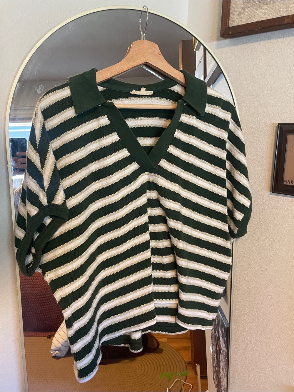 Madewell Green and White Striped Polo Knit Top